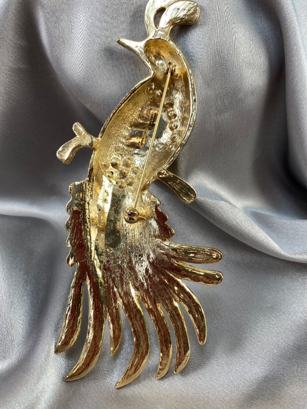 Vintage Bird of Paradise Brooch Large 5.5" Blue Green Enamel Rhinestone Gold Ton - Picture 6 of 7